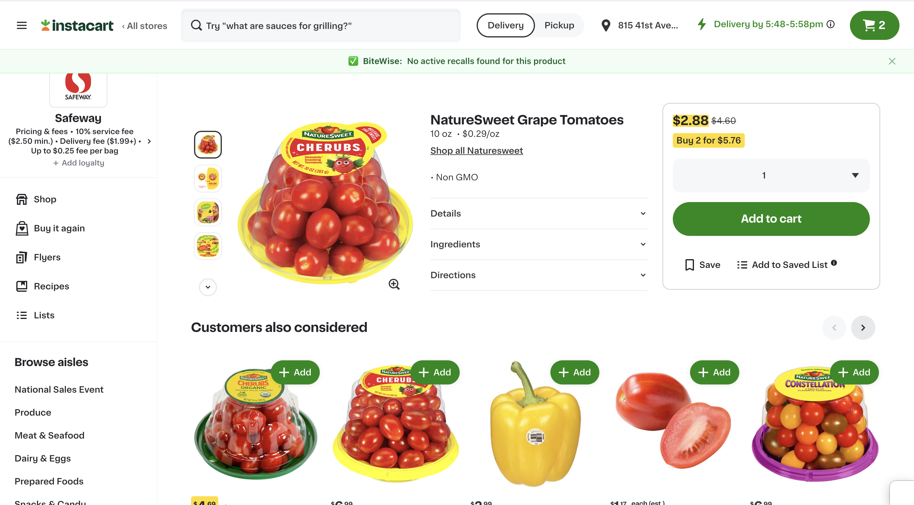 BiteWise green safe banner on an Instacart page