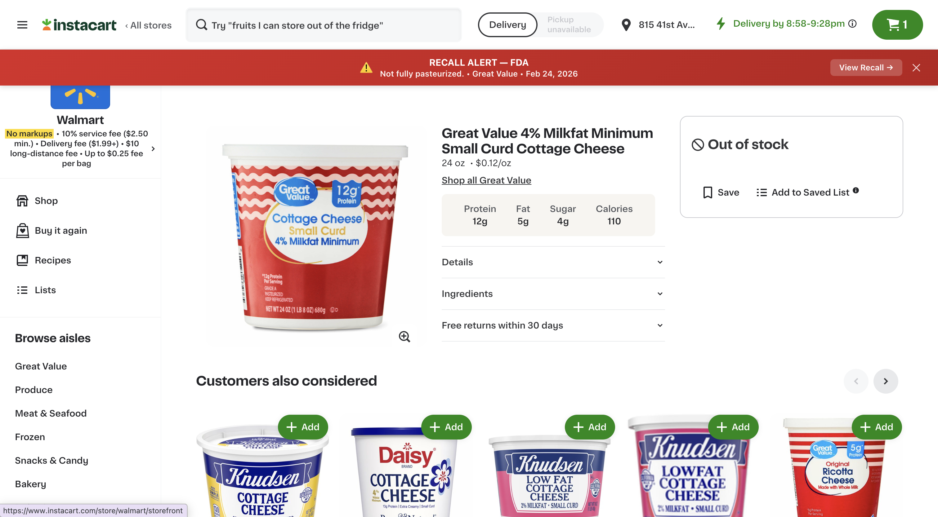 BiteWise red recall alert banner on an Instacart page