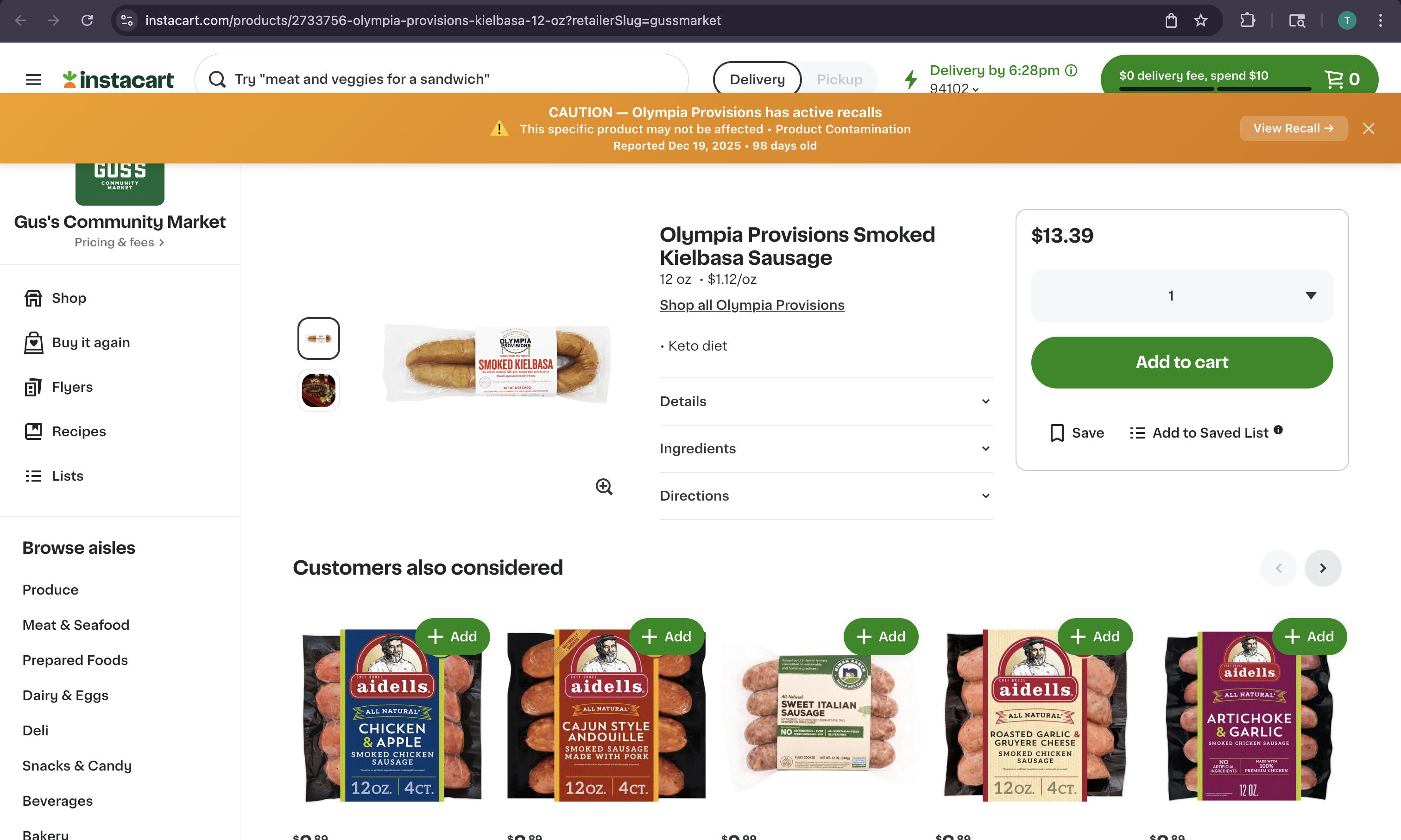 BiteWise yellow caution banner on an Instacart page